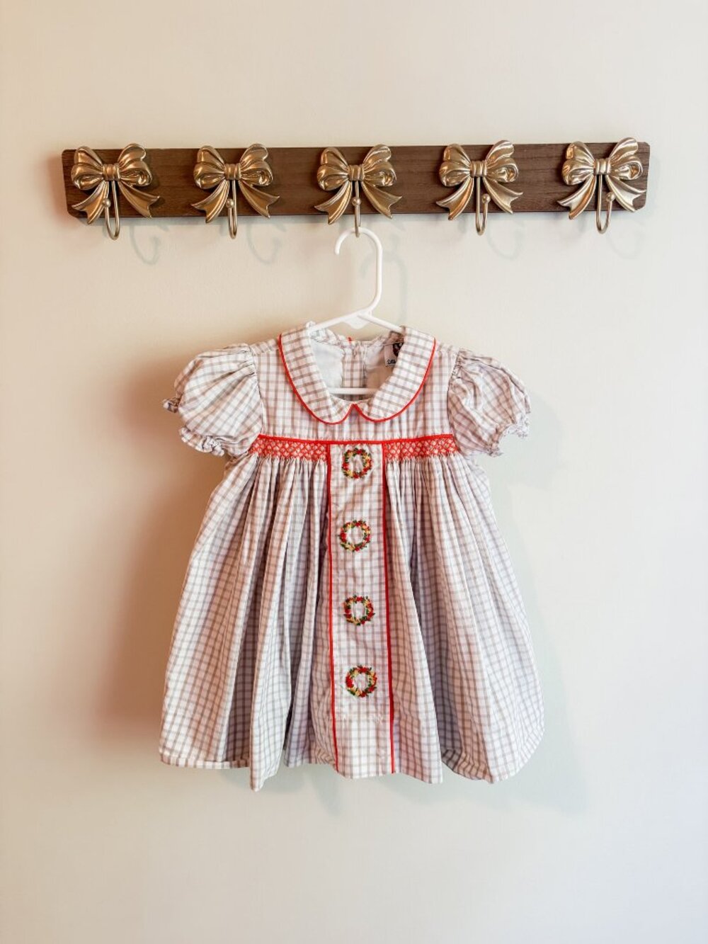 Little Bear Smocks Baby size 24 months Dress Gold Checkered Puff Sleeves - Picture 1 of 3